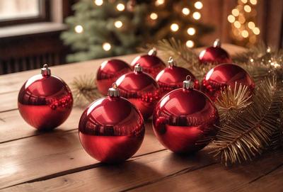 The primary subject of the image is a group of red Christmas ornaments. They are arranged on a wooden table, creating a festive and warm atmosphere. The setting is indoors, with a Christmas tree in the background, further emphasizing the holiday theme. The visual style is a combination of photo and digital art, as the ornaments are displayed in a visually appealing manner. The dominant colors are red and gold, which are associated with Christmas and holiday celebrations.